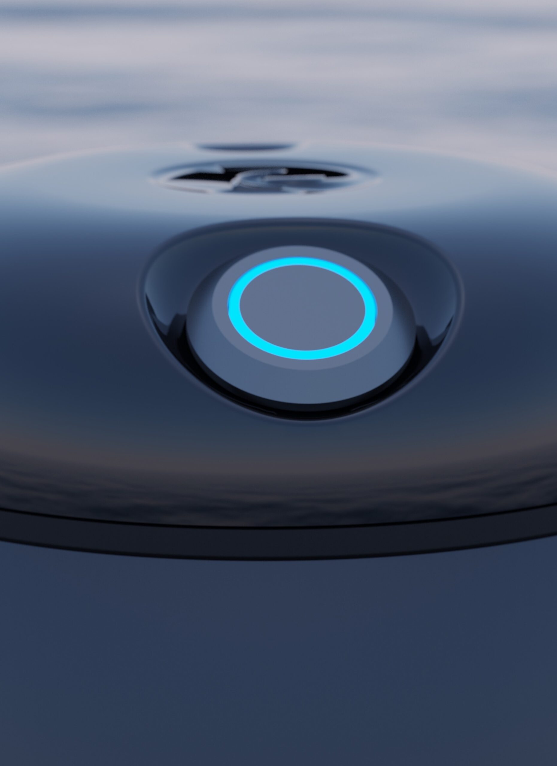 A close up of the smart lid's power button. The lid is screwed on top of a 30oz tumbler stainless steel cup. A blue LED ring shines on the power button.