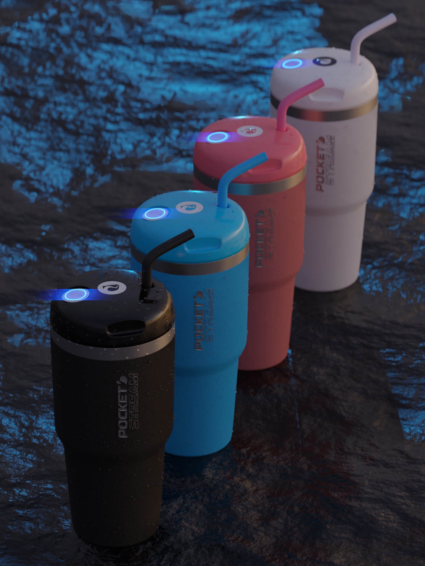 black, blue, pink and white pocketstream with matching cups and silicon straw tips